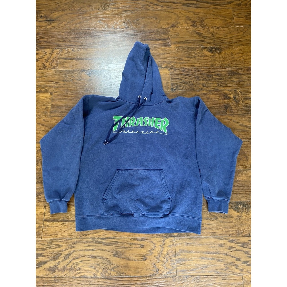 Vintage Y2K Thrasher Magazine Flame Hoodie Faded Blue Men's Medium Skate Grunge‎